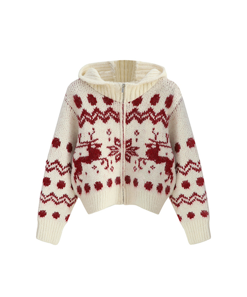 Vivacious（ビバシャス）の「Reindeer Knit Hood Zip-up_3Colors（パーカー・レディース・ブラウン/ネイビー/アイボリー・FREE）」の2枚目の写真