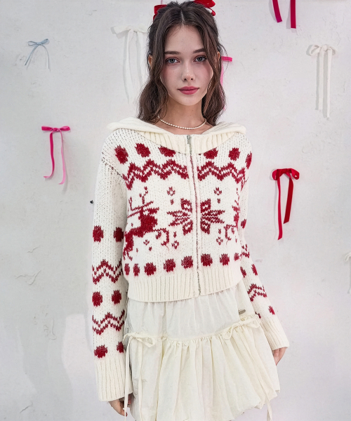 Vivacious（ビバシャス）の「Reindeer Knit Hood Zip-up_3Colors（パーカー・レディース・ブラウン/ネイビー/アイボリー・FREE）」の4枚目の写真