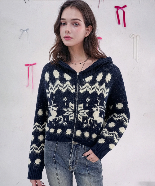 Vivacious（ビバシャス）の「Reindeer Knit Hood Zip-up_3Colors（パーカー・レディース・ブラウン/ネイビー/アイボリー・FREE）」の6枚目の写真