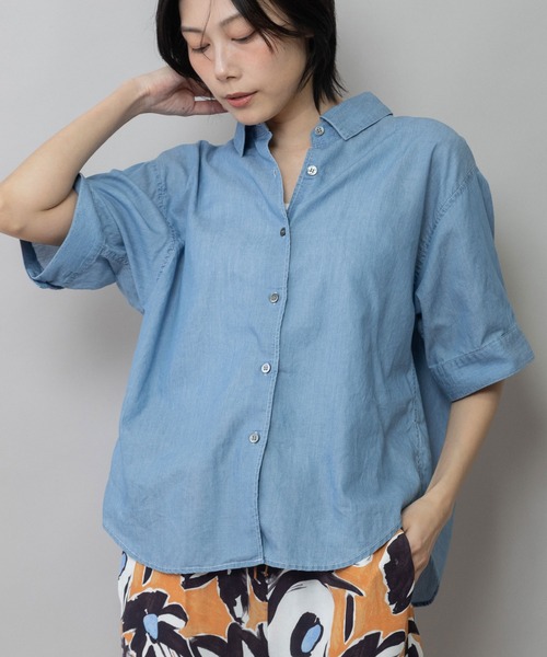 Munich(ミューニック)の「【速乾性】【通気性】2.25ozシアーデニムバックシャーリングカラーシャツ(シャツ/ブラウス・レディース・サックスブルー/ネイビー・FREE)」の1枚目の写真