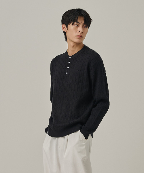 ANALOG MOOD（アナログムード）の「ウォッシャブルケーブルヘンリーネックニットTシャツ（ブラック）（ニット/セーター・メンズ・その他・FREE）」の3枚目の写真