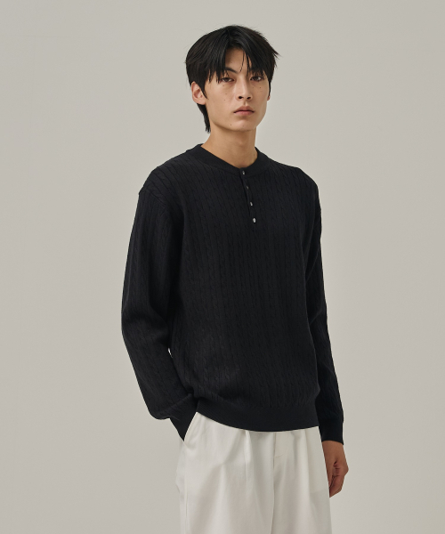 ANALOG MOOD（アナログムード）の「ウォッシャブルケーブルヘンリーネックニットTシャツ（ブラック）（ニット/セーター・メンズ・その他・FREE）」の4枚目の写真