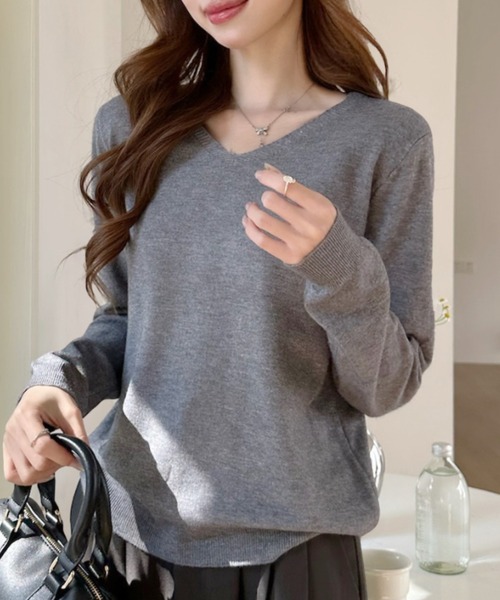 Ada.(エイダ)の「ベーシック Vネック ロングスリーブ ニット トップス(ニット/セーター・レディース・ホワイト/ブラウン/ブラック/グレー・FREE)」の18枚目の写真