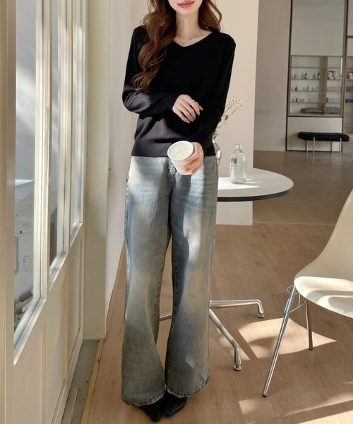 Ada.(エイダ)の「ベーシック Vネック ロングスリーブ ニット トップス(ニット/セーター・レディース・ホワイト/ブラウン/ブラック/グレー・FREE)」の20枚目の写真