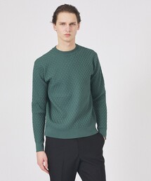 【ハイストレッチ】ブロックチェック ジャガード クルーネックニット