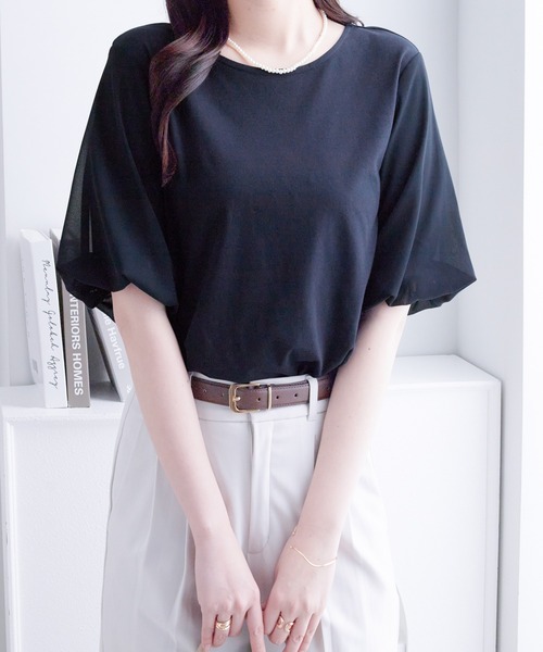 alotta(アロッタ)の「袖異素材バルーンTシャツ(Tシャツ/カットソー・レディース・ダークラベンダー/ブラック/グレイッシュブルー/グリーン/ホワイト/ネイビー・M/L/LL)」の4枚目の写真