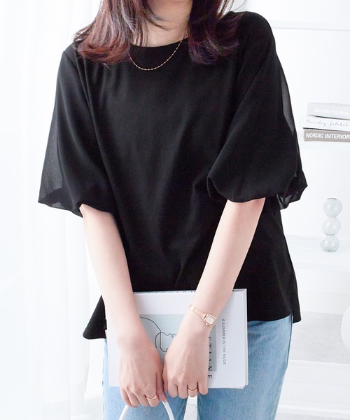 alotta(アロッタ)の「袖異素材バルーンTシャツ(Tシャツ/カットソー・レディース・ダークラベンダー/ブラック/グレイッシュブルー/グリーン/ホワイト/ネイビー・M/L/LL)」の18枚目の写真