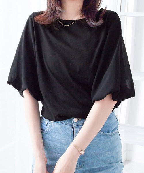 alotta(アロッタ)の「袖異素材バルーンTシャツ(Tシャツ/カットソー・レディース・ダークラベンダー/ブラック/グレイッシュブルー/グリーン/ホワイト/ネイビー・M/L/LL)」の15枚目の写真