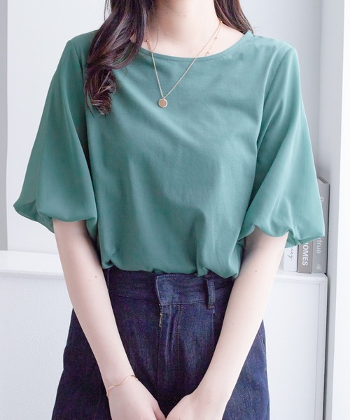 alotta(アロッタ)の「袖異素材バルーンTシャツ(Tシャツ/カットソー・レディース・ダークラベンダー/ブラック/グレイッシュブルー/グリーン/ホワイト/ネイビー・M/L/LL)」の20枚目の写真