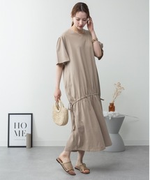 M-5L ドロストシャーリング Vネックコットンロングワンピース 夏服