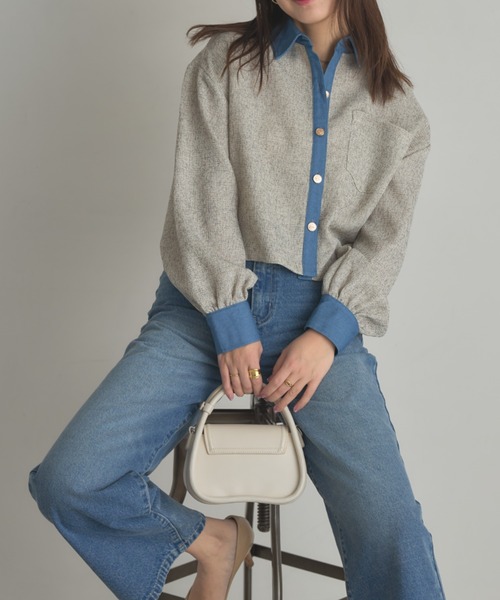 deux amour(ドゥーザムール)の「ツイードデニムMIXショート丈シャツ(Tシャツ/カットソー・レディース・ブラック/ベージュ・FREE)」の22枚目の写真