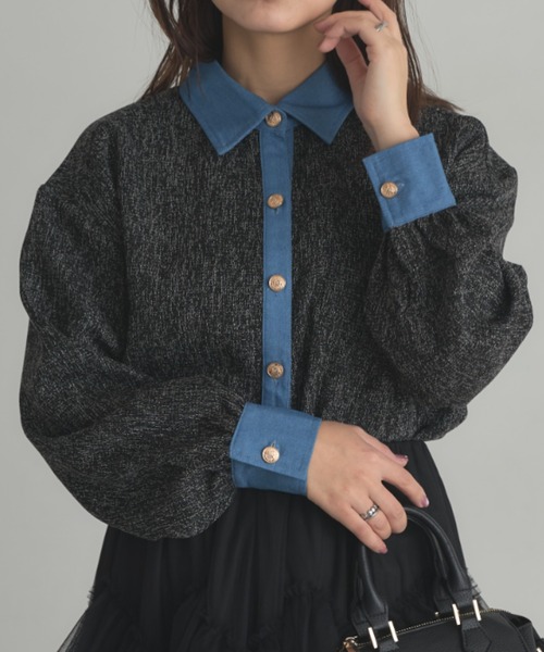 deux amour(ドゥーザムール)の「ツイードデニムMIXショート丈シャツ(Tシャツ/カットソー・レディース・ブラック/ベージュ・FREE)」の14枚目の写真