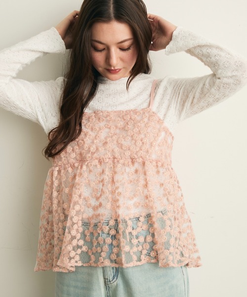 Lunea（ルネア）の「ジャガード花柄シアービスチェ/キャミソール（キャミソール・レディース・アイボリー/ピンク/ライトブルー・FREE）」の3枚目の写真