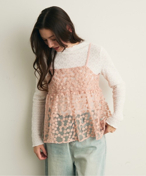 Lunea（ルネア）の「ジャガード花柄シアービスチェ/キャミソール（キャミソール・レディース・アイボリー/ピンク/ライトブルー・FREE）」の13枚目の写真