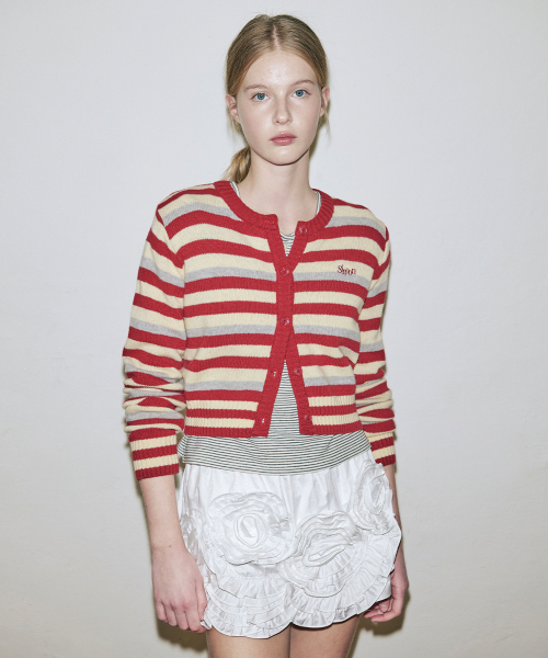 SINOON(シヌーン)の「Stripe Crop Cardigan (Red)(カーディガン/ボレロ・レディース・レッド・FREE)」の2枚目の写真