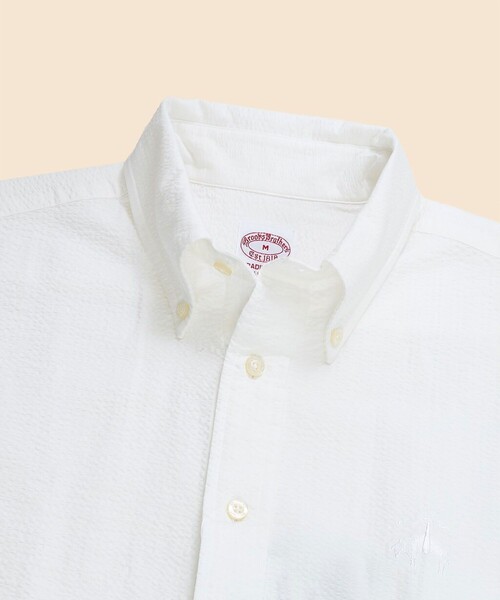 BROOKS BROTHERS(ブルックスブラザーズ)の「◆オンラインストア限定◆ コットン ビッグGFロゴ シアサッカー ショートスリーブ カジュアルシャツ Traditional Fit(シャツ/ブラウス・メンズ・ホワイト/ベージュ・LARGE/MEDIUM/SMALL)」の4枚目の写真