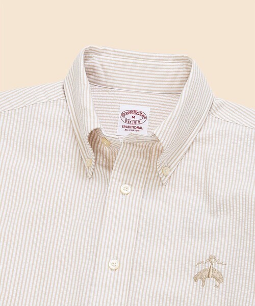 BROOKS BROTHERS(ブルックスブラザーズ)の「◆オンラインストア限定◆ コットン ビッグGFロゴ シアサッカー ショートスリーブ カジュアルシャツ Traditional Fit(シャツ/ブラウス・メンズ・ホワイト/ベージュ・LARGE/MEDIUM/SMALL)」の6枚目の写真