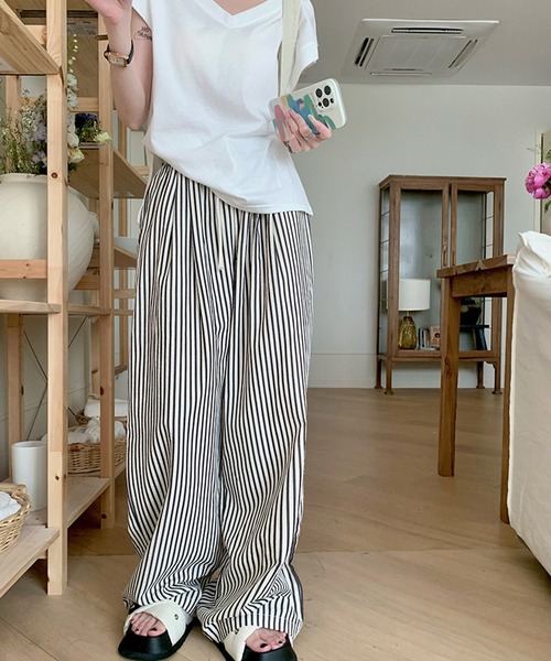 shyam inspiration(シャムインスピレーション)の「サッカー地ストライプイージーパンツ(その他パンツ・レディース・ブラック/ブラウン・L/M)」の11枚目の写真