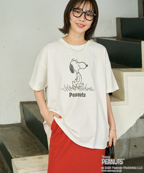 FREAK'S STORE(フリークスストア)の「限定展開 別注/PEANUTS/ピーナッツ 前後1コマプリント半袖Tシャツ(Tシャツ/カットソー・レディース・ナチュラル/グレー/ブラック/オフホワイト/ピンク/ブラウン・フリ-)」の12枚目の写真