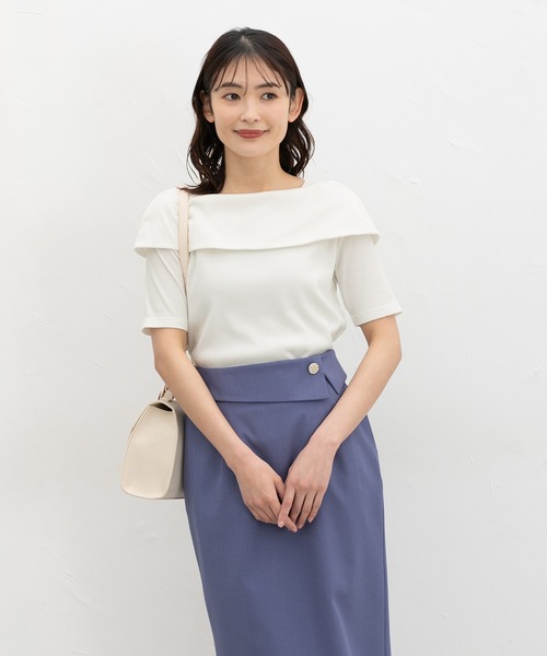 Honeys(ハニーズ)の「【ハニさら・接触冷感・UVカット】オフショル風トップス(Tシャツ/カットソー・レディース・アイボリー/サックスブルー/ブラック/レッド・3L/L/LL/M/S)」の9枚目の写真