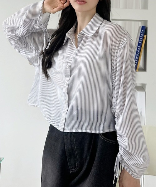 Ada.（エイダ）の「ストライプ ロングスリーブ ショート丈 シャツ（シャツ/ブラウス・レディース・ピンク/サックスブルー/ネイビー・FREE）」の2枚目の写真