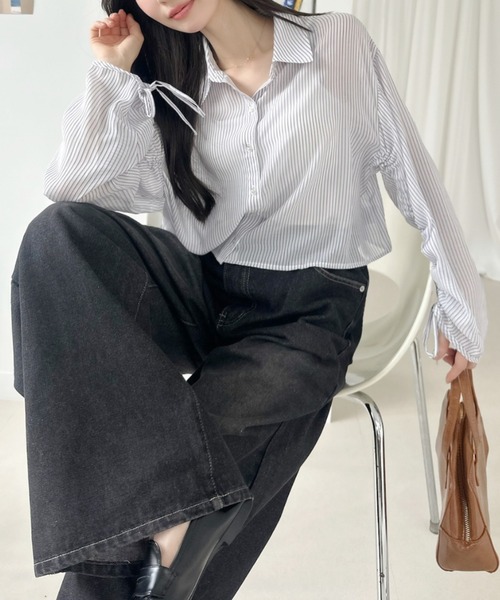 Ada.（エイダ）の「ストライプ ロングスリーブ ショート丈 シャツ（シャツ/ブラウス・レディース・ピンク/サックスブルー/ネイビー・FREE）」の9枚目の写真