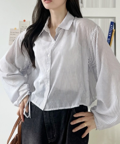 Ada.（エイダ）の「ストライプ ロングスリーブ ショート丈 シャツ（シャツ/ブラウス・レディース・ピンク/サックスブルー/ネイビー・FREE）」の4枚目の写真