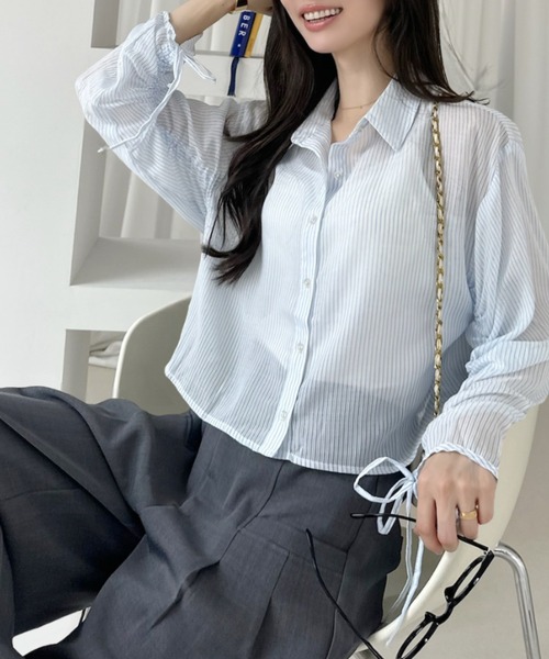 Ada.（エイダ）の「ストライプ ロングスリーブ ショート丈 シャツ（シャツ/ブラウス・レディース・ピンク/サックスブルー/ネイビー・FREE）」の15枚目の写真