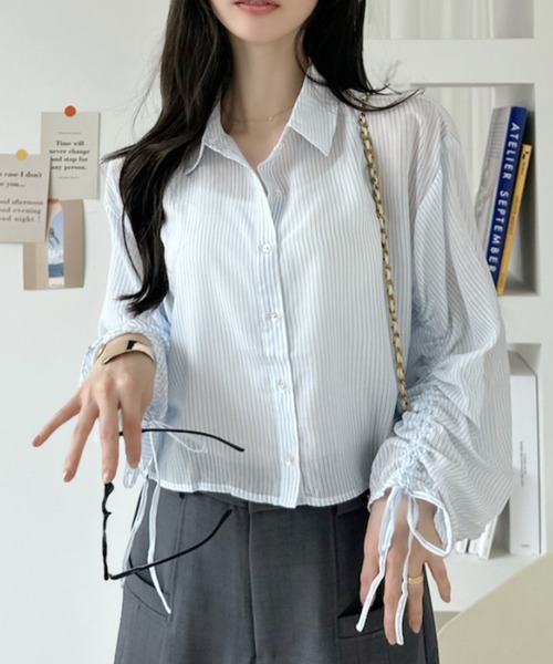 Ada.（エイダ）の「ストライプ ロングスリーブ ショート丈 シャツ（シャツ/ブラウス・レディース・ピンク/サックスブルー/ネイビー・FREE）」の13枚目の写真