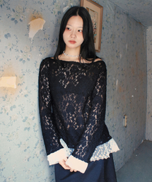 ソフィア ボートネック フリル レース ロングスリーブ Tシャツ_ブラック
