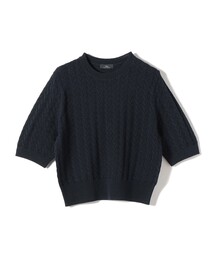 SHIPS Primary Navy Label:〈手洗い可能〉柄編み 5分袖 プルオーバー