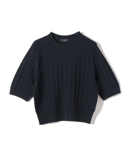 SHIPS（シップス）の「SHIPS Primary Navy Label:〈手洗い可能〉柄編み 5分袖 プルオーバー（ニット/セーター・レディース・ネイビー/イエロー・ONE SIZE）」の2枚目の写真