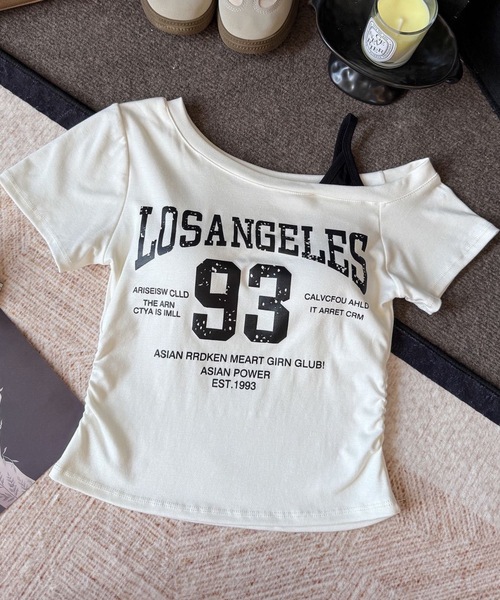 Teem Store(チームストア)の「【カップ付き】英文字サイドギャザーワンショルタイトTシャツ(Tシャツ/カットソー・レディース・ネイビー/ブラウン/ホワイト/ブラック・F)」の19枚目の写真