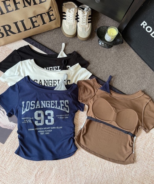 Teem Store(チームストア)の「【カップ付き】英文字サイドギャザーワンショルタイトTシャツ(Tシャツ/カットソー・レディース・ネイビー/ブラウン/ホワイト/ブラック・F)」の20枚目の写真