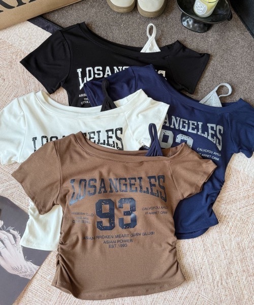 Teem Store(チームストア)の「【カップ付き】英文字サイドギャザーワンショルタイトTシャツ(Tシャツ/カットソー・レディース・ネイビー/ブラウン/ホワイト/ブラック・F)」の21枚目の写真