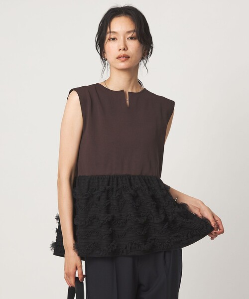 green label relaxing(グリーンレーベルリラクシング)の「チュール コンビ フレンチスリーブ ニット(ニット/セーター・レディース・ブラック/オフホワイト/ダークブラウン・FREE)」の3枚目の写真