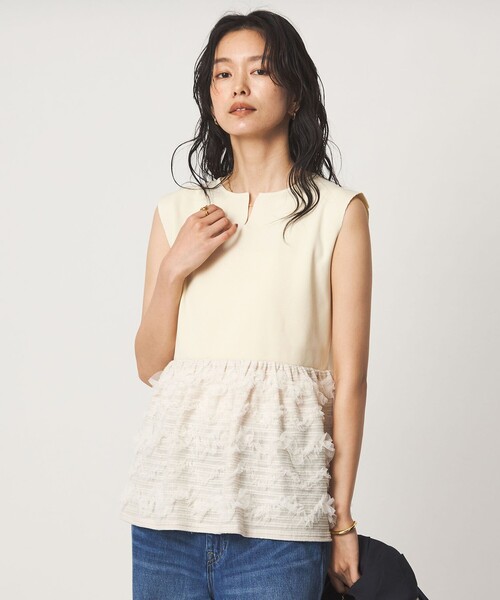green label relaxing(グリーンレーベルリラクシング)の「チュール コンビ フレンチスリーブ ニット(ニット/セーター・レディース・ブラック/オフホワイト/ダークブラウン・FREE)」の6枚目の写真