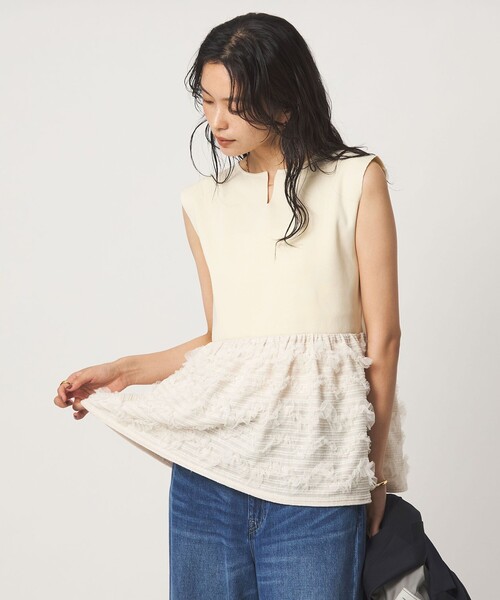 green label relaxing(グリーンレーベルリラクシング)の「チュール コンビ フレンチスリーブ ニット(ニット/セーター・レディース・ブラック/オフホワイト/ダークブラウン・FREE)」の7枚目の写真