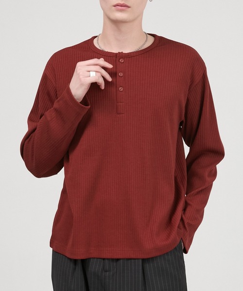 CIYOT（シヨウト）の「【CIYOT】テレコリブ コンパクトフィット ヘンリーネック長袖Tシャツ（Tシャツ/カットソー・メンズ・ブラック/チャコール/ダークブラウン/ホワイト/レッド・S/M/L）」の5枚目の写真