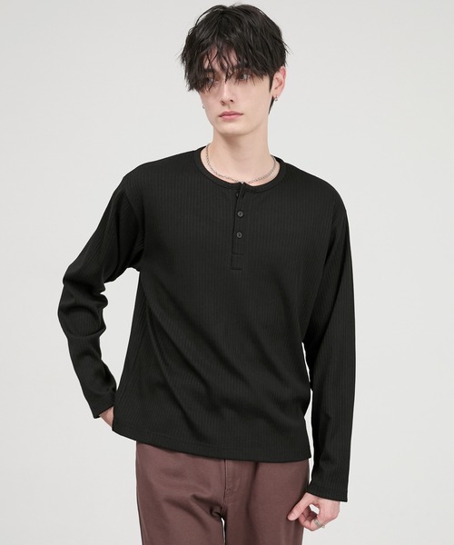 CIYOT（シヨウト）の「【CIYOT】テレコリブ コンパクトフィット ヘンリーネック長袖Tシャツ（Tシャツ/カットソー・メンズ・ブラック/チャコール/ダークブラウン/ホワイト/レッド・S/M/L）」の15枚目の写真