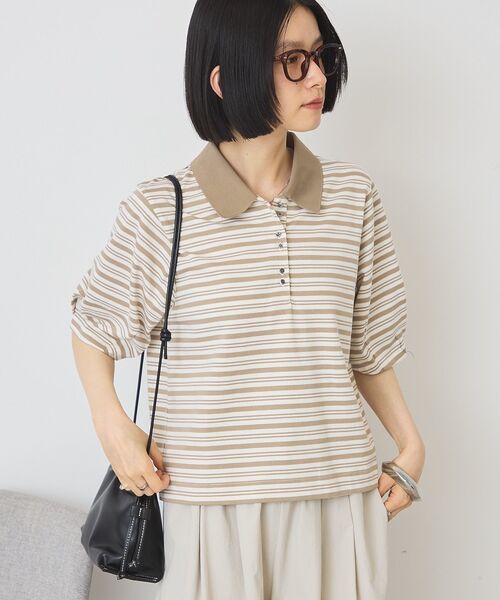 AMERICAN HOLIC（アメリカンホリック）の「【UVカット・接触冷感】ボーダーポロシャツ（Tシャツ/カットソー・レディース・ブラック/ピンク/グレイッシュベージュ・M/L）」の4枚目の写真
