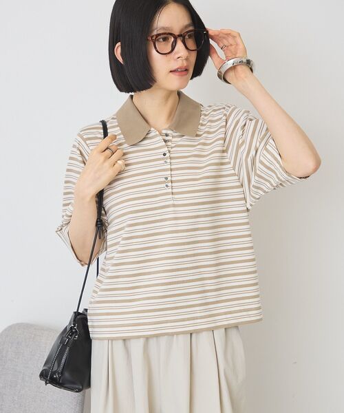 AMERICAN HOLIC（アメリカンホリック）の「【UVカット・接触冷感】ボーダーポロシャツ（Tシャツ/カットソー・レディース・ブラック/ピンク/グレイッシュベージュ・M/L）」の5枚目の写真