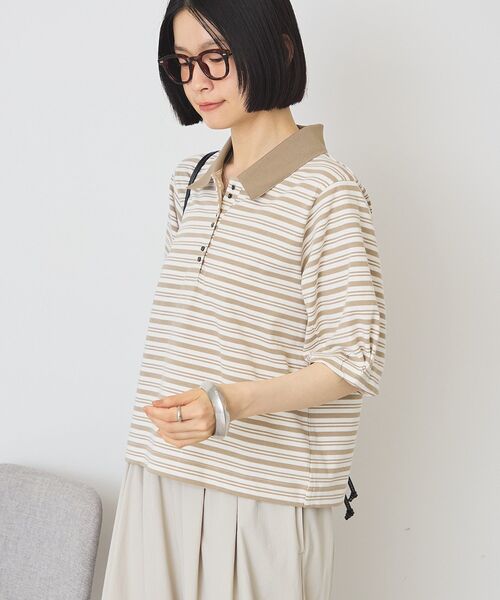 AMERICAN HOLIC（アメリカンホリック）の「【UVカット・接触冷感】ボーダーポロシャツ（Tシャツ/カットソー・レディース・ブラック/ピンク/グレイッシュベージュ・M/L）」の6枚目の写真