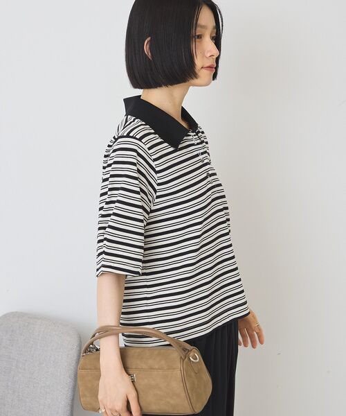 AMERICAN HOLIC（アメリカンホリック）の「【UVカット・接触冷感】ボーダーポロシャツ（Tシャツ/カットソー・レディース・ブラック/ピンク/グレイッシュベージュ・M/L）」の15枚目の写真