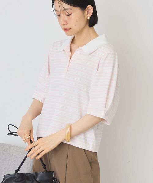AMERICAN HOLIC（アメリカンホリック）の「【UVカット・接触冷感】ボーダーポロシャツ（Tシャツ/カットソー・レディース・ブラック/ピンク/グレイッシュベージュ・M/L）」の21枚目の写真