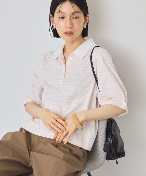 AMERICAN HOLIC（アメリカンホリック）の「【UVカット・接触冷感】ボーダーポロシャツ（Tシャツ/カットソー・レディース・ブラック/ピンク/グレイッシュベージュ・M/L）」の3枚目の写真