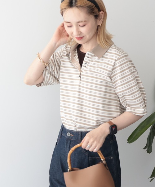 AMERICAN HOLIC（アメリカンホリック）の「【UVカット・接触冷感】ボーダーポロシャツ（Tシャツ/カットソー・レディース・ブラック/ピンク/グレイッシュベージュ・M/L）」の2枚目の写真