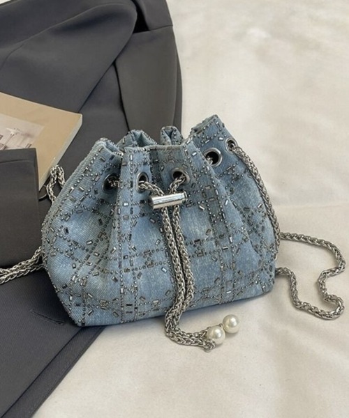 Beststore(ベストストア)の「【キラキラビジュー】デニム 巾着 チェーンショルダーバッグ パールチャーム付き(ショルダーバッグ・レディース・インディゴブルー/ライトブルー/ブラック・FREE)」の11枚目の写真
