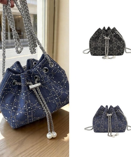 Beststore(ベストストア)の「【キラキラビジュー】デニム 巾着 チェーンショルダーバッグ パールチャーム付き(ショルダーバッグ・レディース・インディゴブルー/ライトブルー/ブラック・FREE)」の14枚目の写真