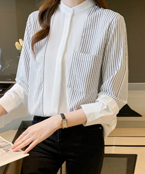 ONEP STAR(ワンピスター)の「ストライプ切替バンドカラーシャツ(シャツ/ブラウス・レディース・ホワイト・X-LARGE/LARGE/MEDIUM)」の6枚目の写真